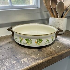 Vintage ASTA West Germany Heavy Enamel Buffet Server Floral Brass Handles 10.25"